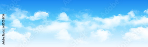 Sunny day background, blue sky with white cumulus clouds, natural summer or spring background with perfect hot day weather, vector illustration.