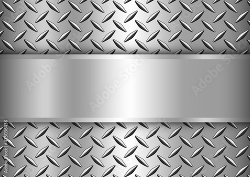 Background silver metallic, 3d chrome vector design with diamond plate sheet metal texture and copy space.