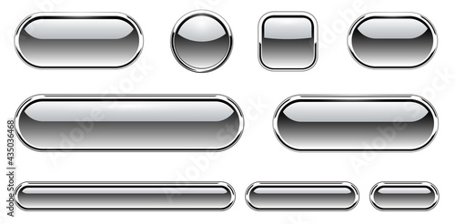Grey shiny buttons set, glossy isolated icons with metallic chrome elements, vector illustration.