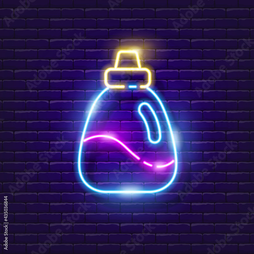 Liquid detergent bottle neon icon. Vector illustration for design. Detergent for washing clothes glowing sign. Washing powder for clothes. Laundry concept.