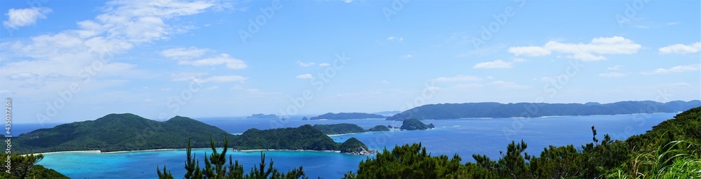Beautiful blue ocean view from inazaki observation deck in Zamami island, Okinawa, Japan. Panoramic view - 沖縄 座間味島 稲崎展望台からの眺望 パノラマ