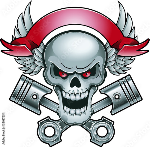 Skull with engine Pistons, banner and wings