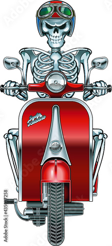 human skeleton driving vintage scooter