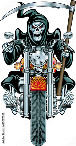 grim reaper with scythe riding motorcycle