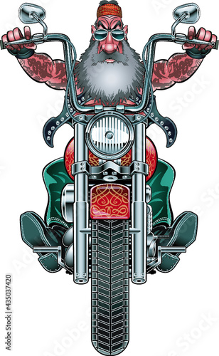 bearded biker type driving chopper motorcycle