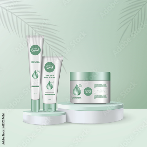 3D cosmetic bottles and cup on podium scene on green background. stand display for cosmetic product presentation and promotion, pedestal display, cosmetic bottle mockup vector illustration