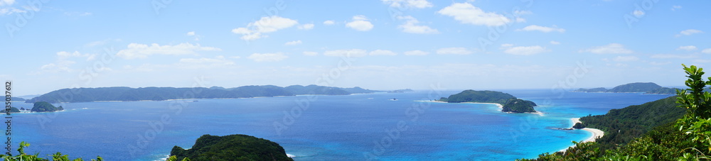 Aerial view of coastal beach and seaside rock from Nita observatory deck in Zamami island, Okinawa, Japan - 沖縄 座間味島 ニタ展望台からの眺望