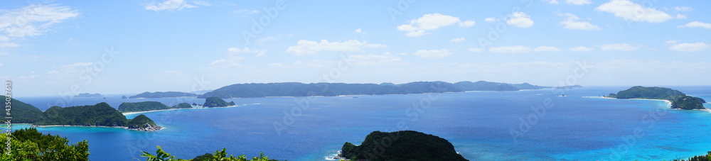 Beautiful blue ocean view from Nita observatory deck in Zamami island, Okinawa, Japan. Panoramic view - 沖縄 座間味島 ニタ展望台からの眺望