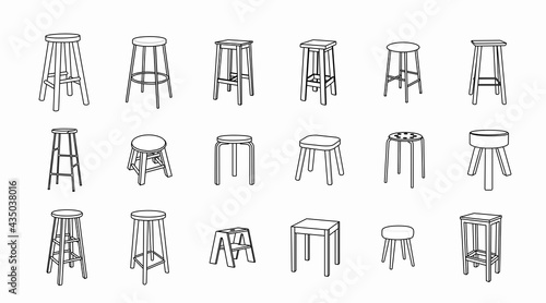 Vector isolated black and white different Stools Set on a white background. Furniture set