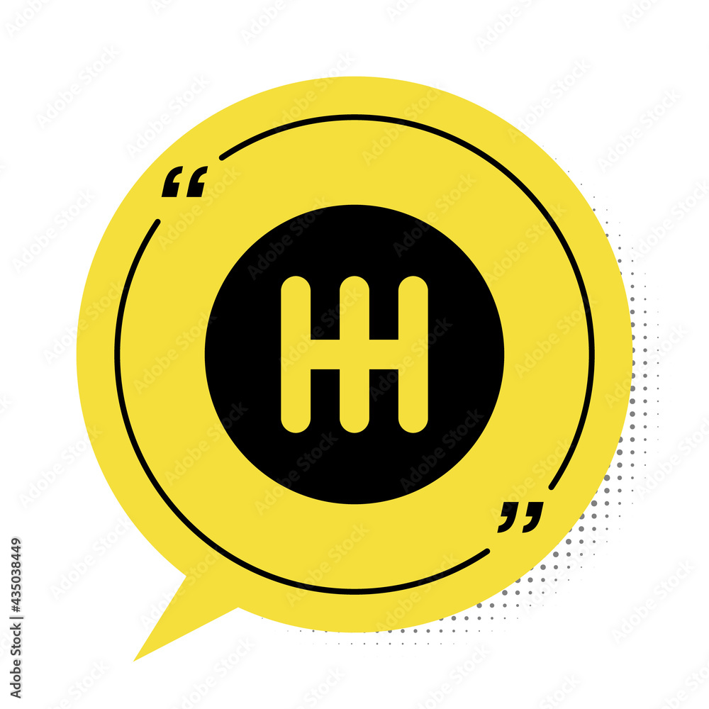 Fototapeta premium Black Gear shifter icon isolated on white background. Transmission icon. Yellow speech bubble symbol. Vector