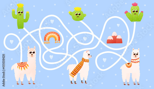 Children find right way puzzle with cute llamas or alpacas and kawaii cactus characters for books or printable worksheet