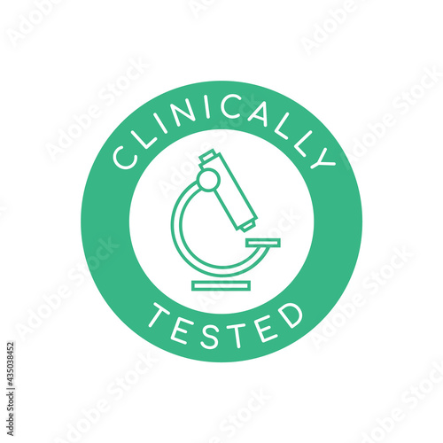 Clinically tested icon. Microscope in a green circle. Green clinically tested sign or logo. Medically approved product. Safe for use certificate stamp or badge. Vector illustration, flat, clip art.