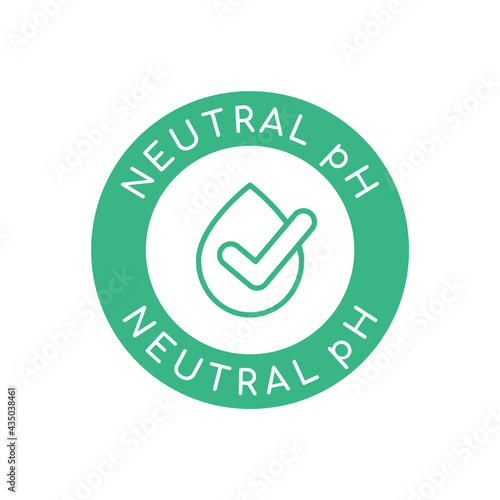 Neutral pH icon. Droplet with a check mark in a circle. Label for skin and cosmetics products. Green pH neutral sign or logo. Safe hygiene product with balance pH. Vector illustration, flat, clip art