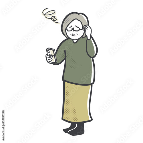 スマホを使いこなせないシニア女性のイラスト