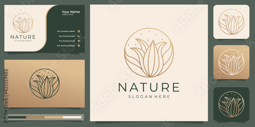 nature flower logo. nature rose for , beauty, cosmetics,gold,luxury,wellness, yoga and spa. logo and business card template. Premium Vector