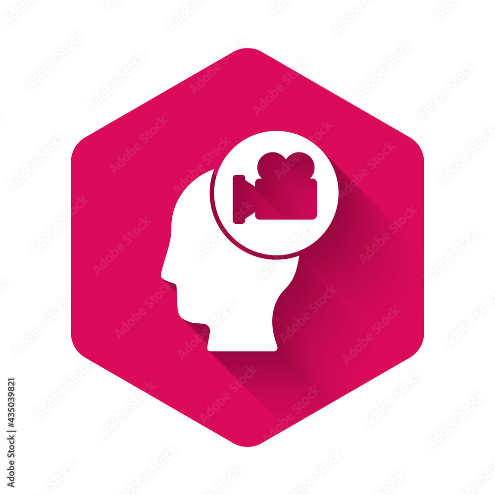 White Head with camera icon isolated with long shadow. Video camera. Movie sign. Film projector. Pink hexagon button. Vector White Head with camera icon isolated with long shadow. Video camera. Movie sign. Film projector. Pink hexagon button. Vector