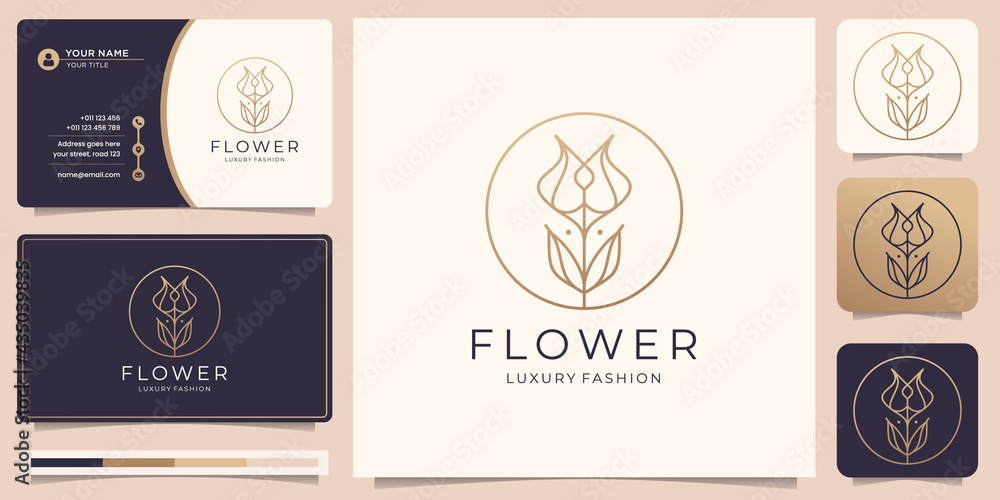 Fototapeta premium Minimalist flower rose logo with frame shape templates and business card design. Premium Vector