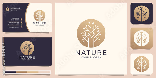 nature tree logo and modern tree flat circle shape concept design with business card template. Premium Vector