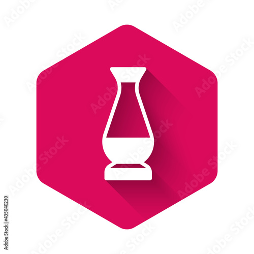 White Indian vase icon isolated with long shadow. Pink hexagon button. Vector