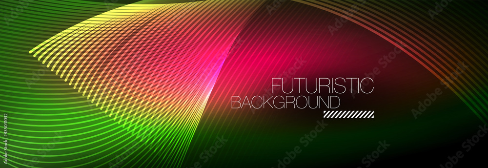 Abstract neon glowing light in the dark with waves. Shiny magic energy and motion concept, vector abstract wallpaper background Abstract neon glowing light in the dark with waves. Shiny magic energy and motion concept, vector abstract wallpaper background