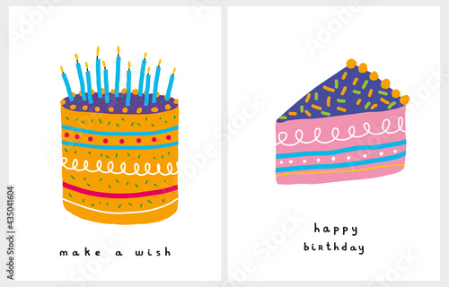 Cute Birthday Party Vector Cards. Hand Drawn Yellow Birthday Cake with Blue Candles on a White Background. Pink Piece of Cake and Handwritten Wishes. Make a Wish. Happy Birthday.