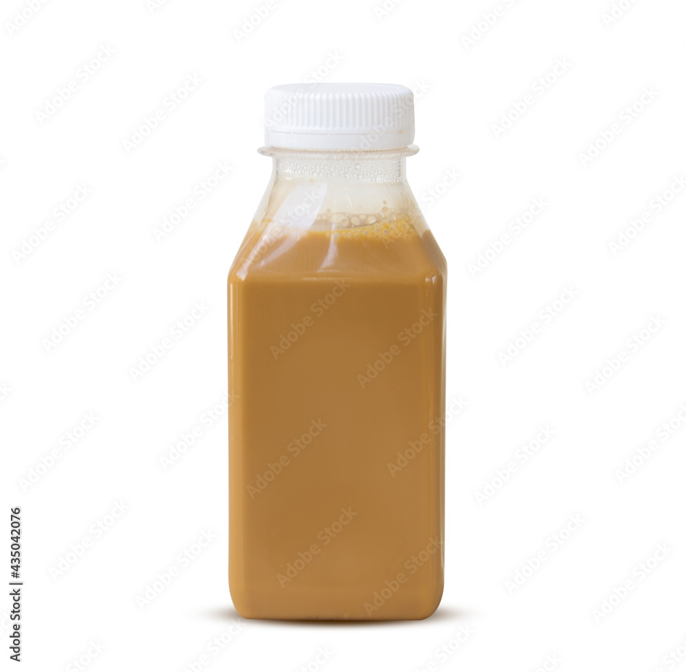 Menu iced coffee latte cappuccino with ice in plastic bottle. isolated on white background. clipping path. Menu iced coffee latte cappuccino with ice in plastic bottle. isolated on white background. clipping path.