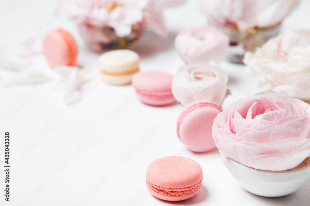 close-up view of pink and white macaroons, beautiful tender roses on a light background with copy space, selective focus close-up view of pink and white macaroons, beautiful tender roses on a light background with copy space, selective focus