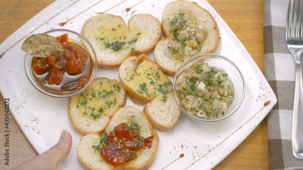 Bread toasts with pickled peppers and aubergine, Mediterranean Bread toasts with pickled peppers and aubergine, Mediterranean