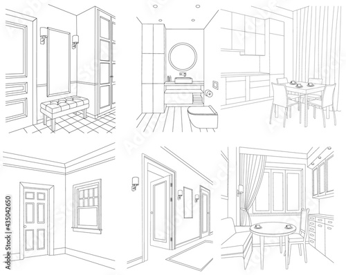kitchen, toilet, hallway, sketch, isolated, vector