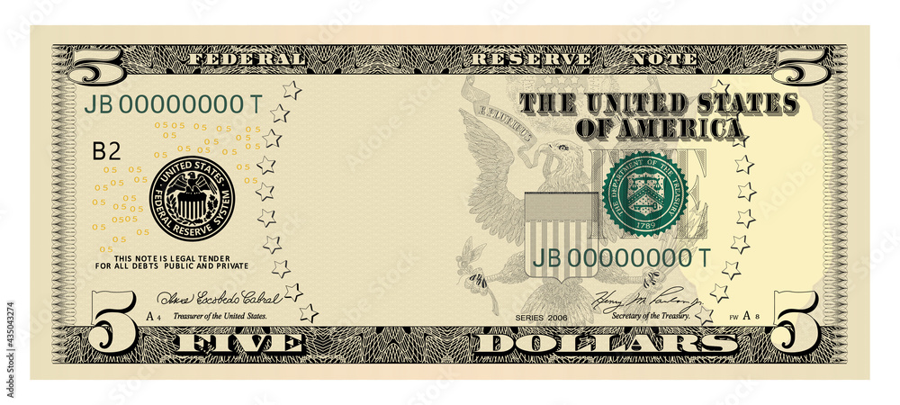 US Dollars 5 banknote -American dollar bill cash money isolated on white background. - obrazy, fototapety, plakaty 