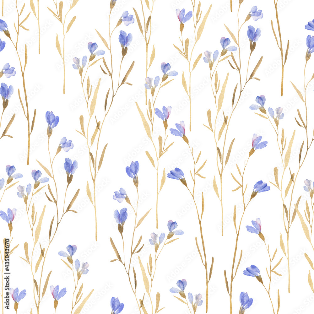 Floral seamless pattern of delicate abstract plants with blue small flowers. Watercolor print isolated on white background.