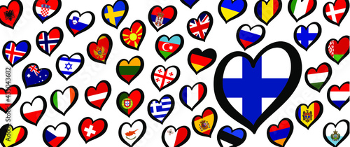 Finland flag and different countries flags with heart flags logo. For Europe, eurovision music song festival,  contest. Music songs for vision dreams. Vector pattern. 