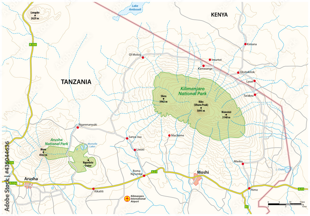 Map of the surroundings of Kilimanjaro National Park, Tanzania - obrazy, fototapety, plakaty 