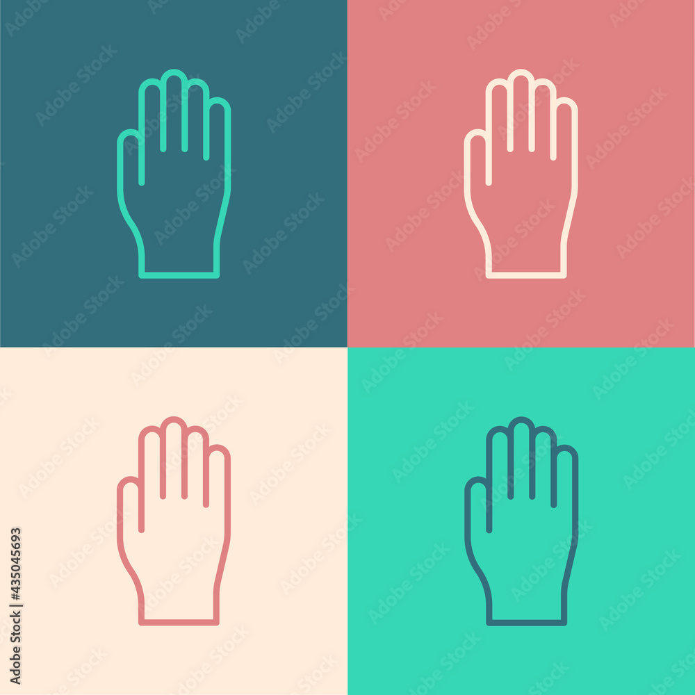 Obraz premium Pop art line Medical rubber gloves icon isolated on color background. Protective rubber gloves. Vector Illustration