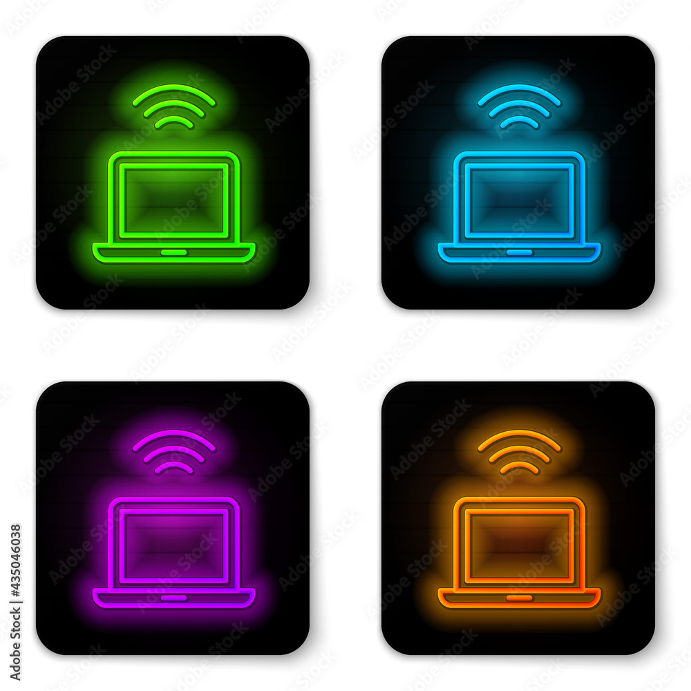 Glowing neon line Wireless laptop icon isolated on white background. Internet of things concept with wireless connection. Black square button. Vector Glowing neon line Wireless laptop icon isolated on white background. Internet of things concept with wireless connection. Black square button. Vector