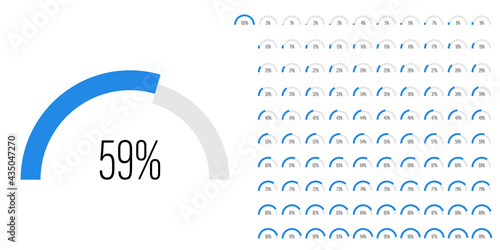 Set of semicircle arc percentage diagrams progress bar meters from 0 to 100 ready-to-use for web design, user interface UI or infographic - indicator with blue