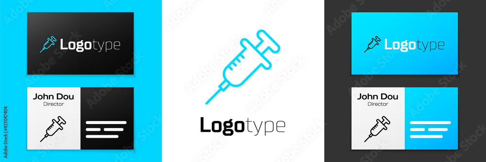 Blue line Syringe icon isolated on white background. Syringe for vaccine, vaccination, injection, flu shot. Medical equipment. Logo design template element. Vector Blue line Syringe icon isolated on white background. Syringe for vaccine, vaccination, injection, flu shot. Medical equipment. Logo design template element. Vector