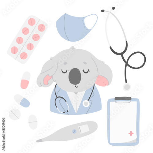 Vector set with cute doctor koala, pills, medications, thermometer, tablet for papers, medical mask, stethoscope