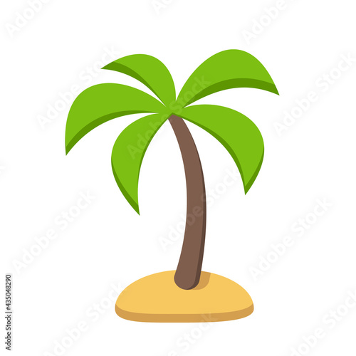 Palm tree with green leaves, brown trunk and yellow sand island, isolated on white background. Flat style, vector illustration