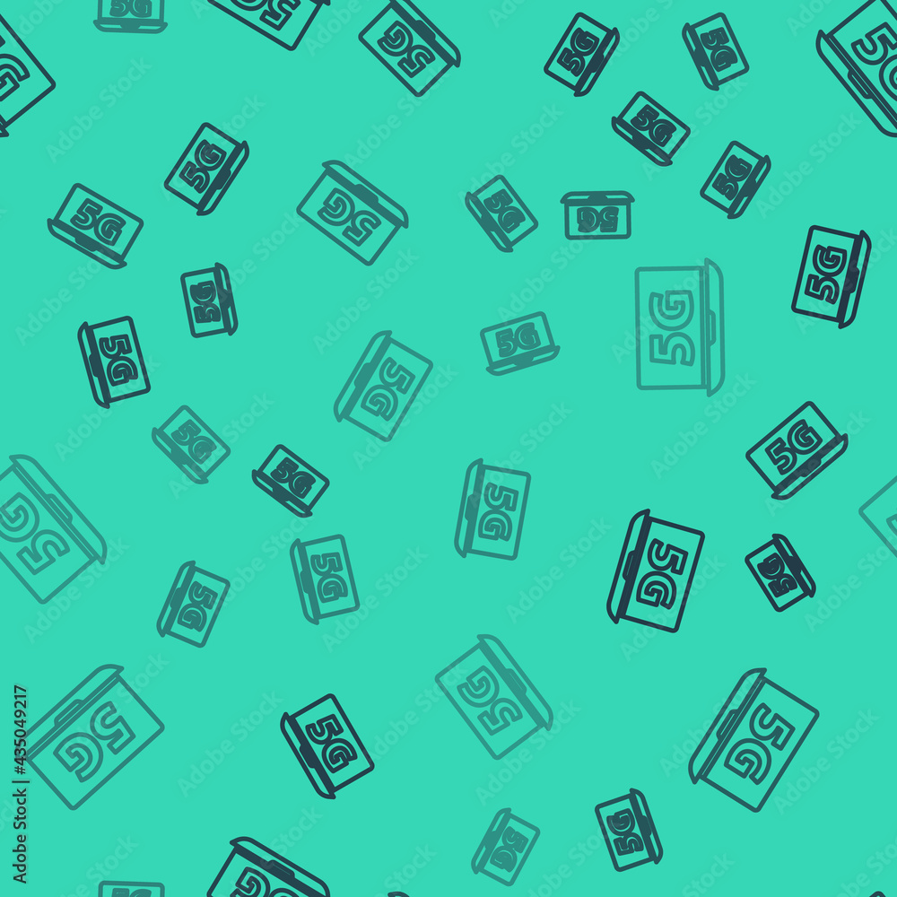 Black line Laptop with 5G new wireless internet wifi icon isolated seamless pattern on green background. Global network high speed connection data rate technology. Vector Black line Laptop with 5G new wireless internet wifi icon isolated seamless pattern on green background. Global network high speed connection data rate technology. Vector