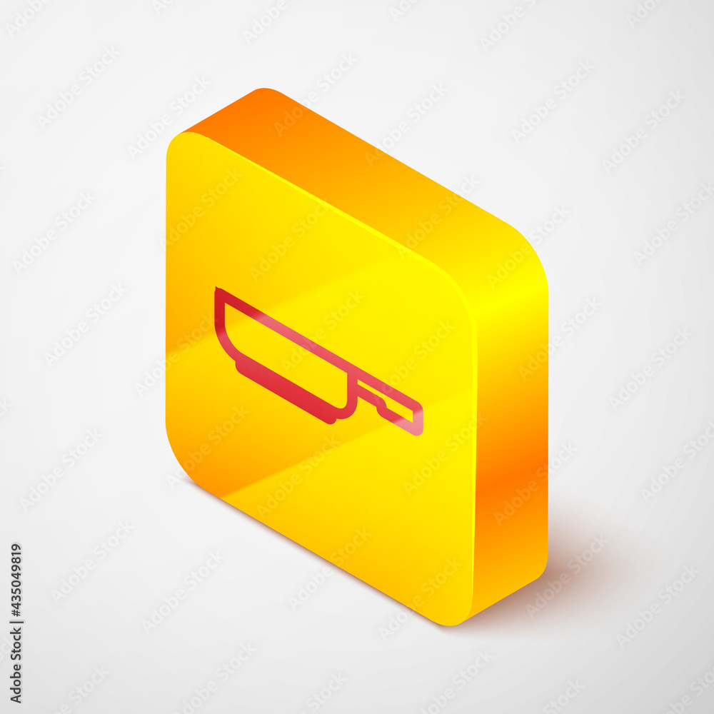 Isometric line Frying pan icon isolated on grey background. Fry or roast food symbol. Yellow square button. Vector Isometric line Frying pan icon isolated on grey background. Fry or roast food symbol. Yellow square button. Vector