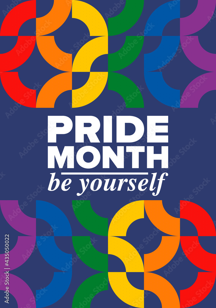 Fototapeta premium LGBTQIA Pride Month in June. Lesbian Gay Bisexual Transgender. Celebrated annual. LGBT flag. Rainbow love concept. Human rights and tolerance. Poster, card, banner and background. Vector illustration