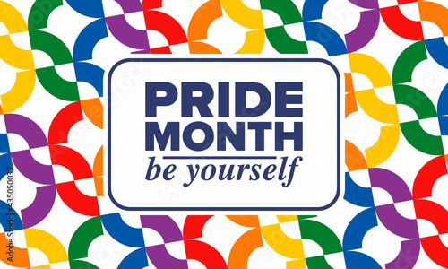 LGBTQIA Pride Month in June. Lesbian Gay Bisexual Transgender. Celebrated annual. LGBT flag. Rainbow love concept. Human rights and tolerance. Poster, card, banner and background. Vector illustration