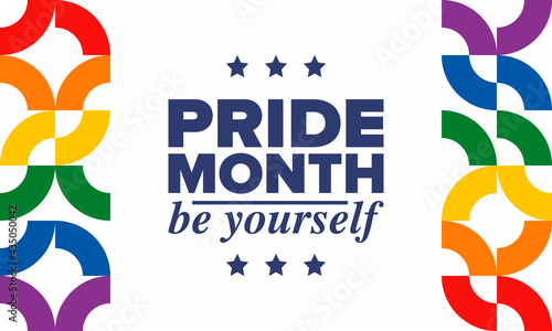 LGBTQIA Pride Month in June. Lesbian Gay Bisexual Transgender. Celebrated annual. LGBT flag. Rainbow love concept. Human rights and tolerance. Poster, card, banner and background. Vector illustration