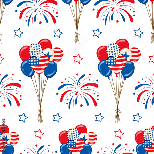 Vector Seamless pattern of fireworks and balloons 4th of july