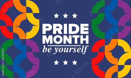 LGBTQIA Pride Month in June. Lesbian Gay Bisexual Transgender. Celebrated annual. LGBT flag. Rainbow love concept. Human rights and tolerance. Poster, card, banner and background. Vector illustration
