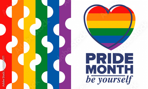 LGBTQIA Pride Month in June. Lesbian Gay Bisexual Transgender. Celebrated annual. LGBT flag. Rainbow love concept. Human rights and tolerance. Poster, card, banner and background. Vector illustration