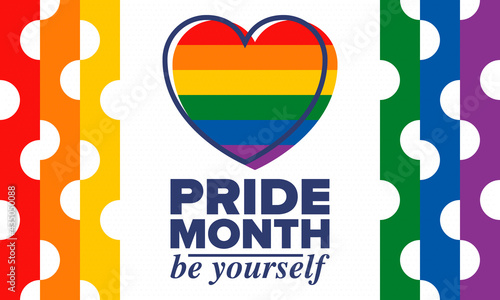 LGBTQIA Pride Month in June. Lesbian Gay Bisexual Transgender. Celebrated annual. LGBT flag. Rainbow love concept. Human rights and tolerance. Poster, card, banner and background. Vector illustration