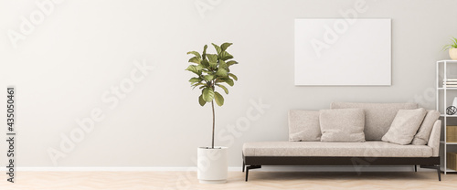 Chaiselongue style sofa in an apartment with a figue tree, a shelf and a mockup artists canvas on the wall. 3d render. Web banner format