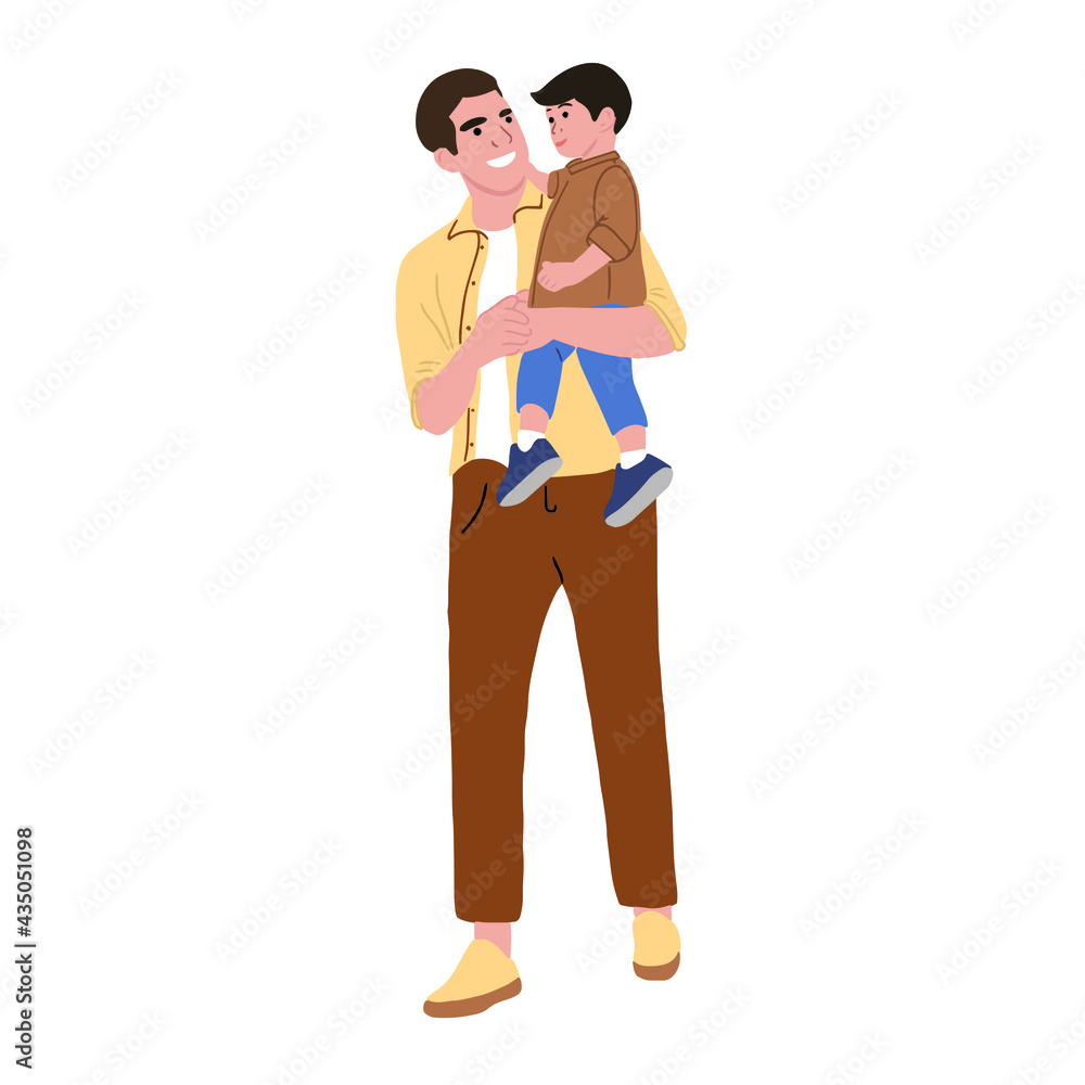 Happy father carrying son. Smiling dad holding son. Vector flat illustration.